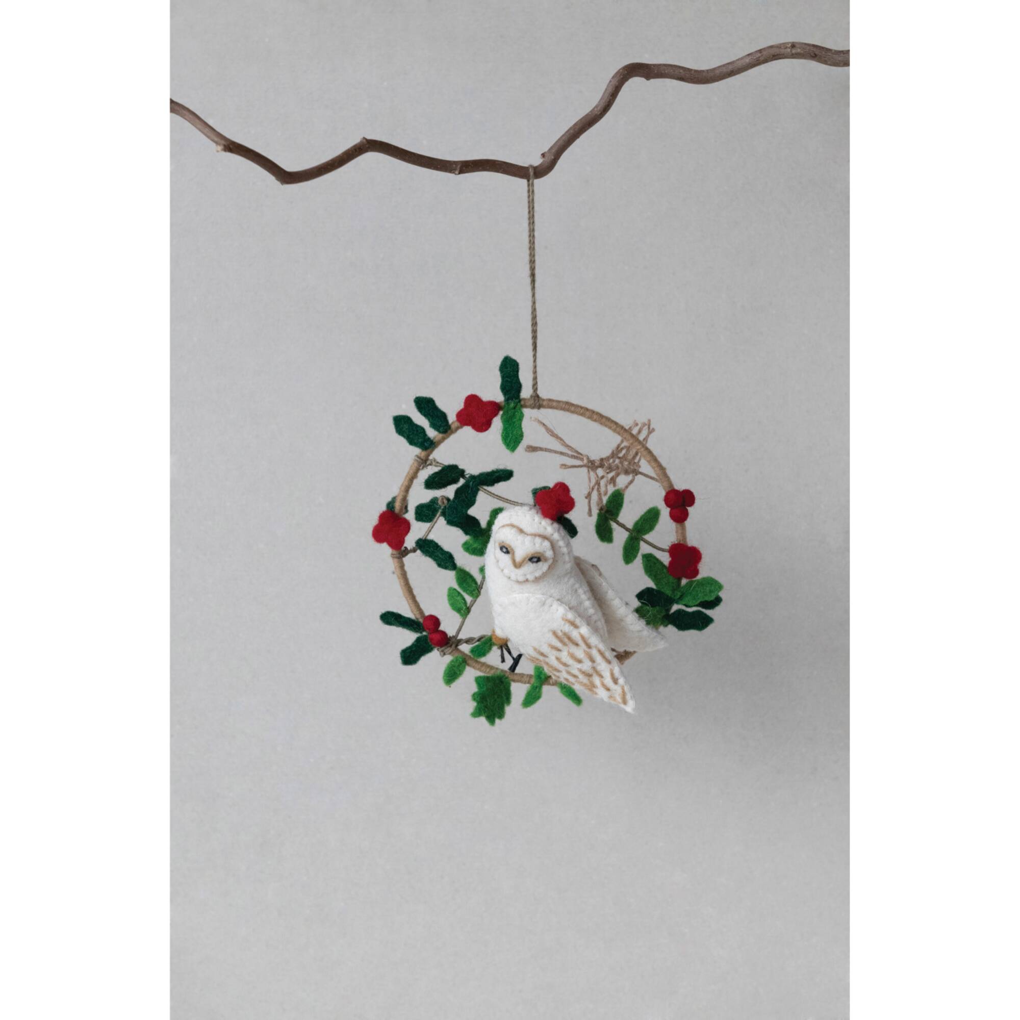 Hello Honey® 6" Wool Felt Owl in Wreath Ornament